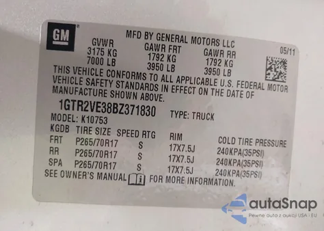 2011 GMC Sierra 1500 Sle z USA, uszkodzony, nr VIN 1GTR2VE38BZ371830